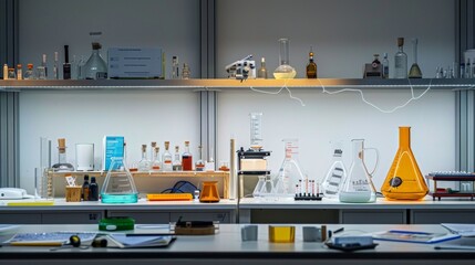 Chemistry Lab with Beakers and Flasks.