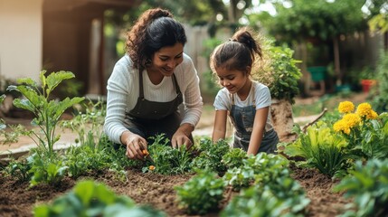 A family gardening together in their backyard, emphasizing outdoor activities and family bonding.
