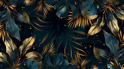 Tropical leaves of dark blue and green color, shiny golden light texture. Luxurious gold wallpaper. Black and gold background.