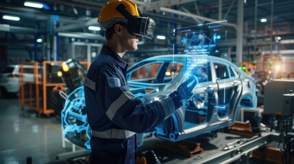 Fototapeta premium Person in professional mechanic uniform Standing on the floor of a car factory, wearing VR goggles, they intently repair production machinery with virtual tools overlaid with digital data.