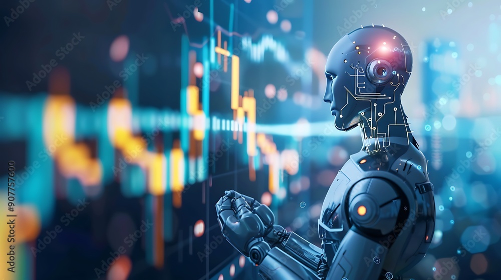 Poster humanoid robot stands in front of a data screen analyzing information showcasing the role of ai in t