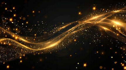 Shining golden wavy lines of light, golden wave lights, golden star dust traces of isolated sparkling particles.