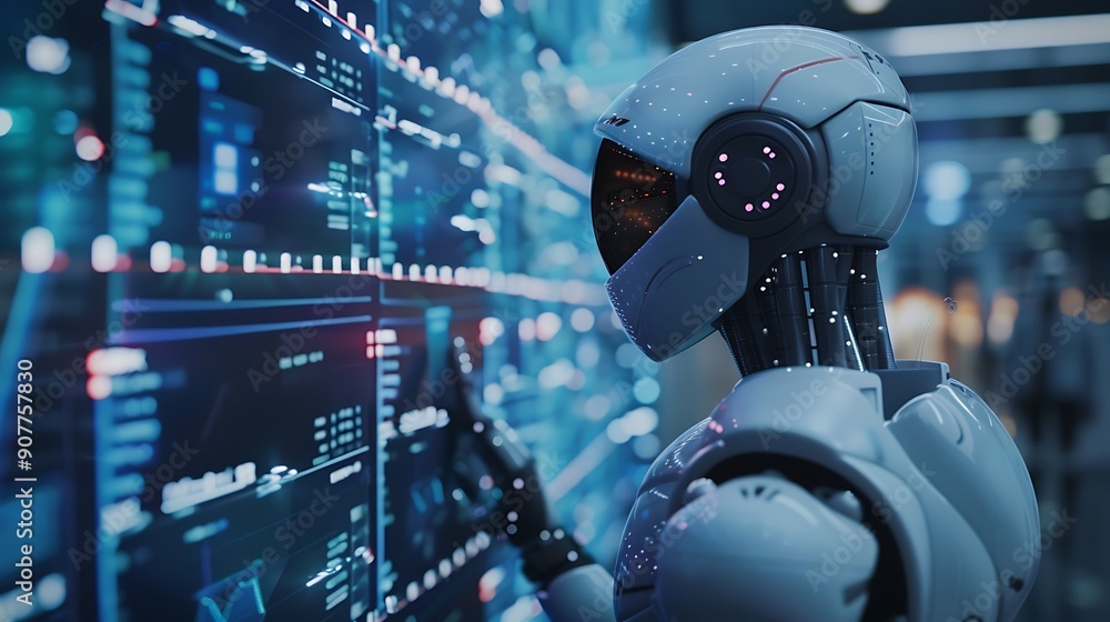 Poster humanoid robot interacts with a digital interface showcasing a futuristic vision of technology and a
