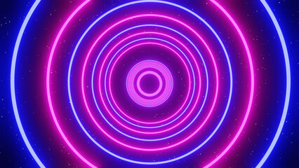 3d neon blue and pink abstract background with laser glowing circles tunnel. Futuristic cyber y2k round shapes  disco music template background. Cosmic landscape portal door isolated black