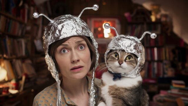 A woman holding a cat wearing tin foil hats in front of bookshelves, AI