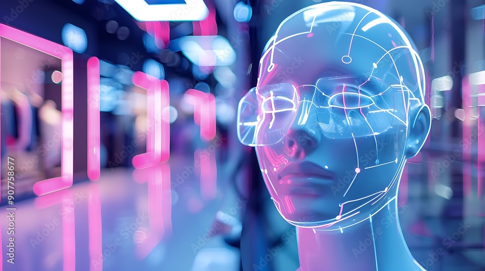Poster digital portrait of a humanoid with neon lights. the image represents a futuristic concept of artifi