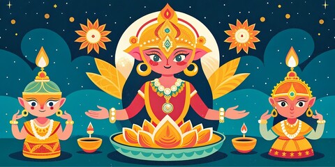 Vibrant Dhanteras Celebration with Goddess Lakshmi - Ideal for Festivals, Cultural Events, and Design Projects