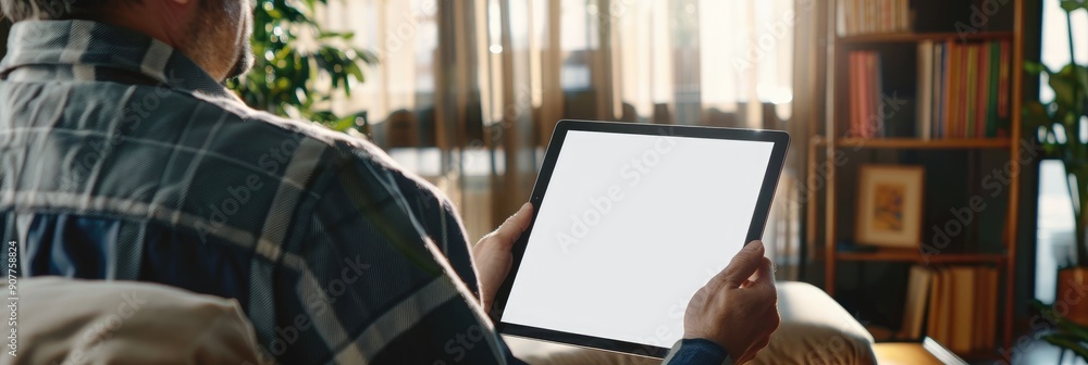 Poster man working on project with blank screen tablet in comfortable room close up view