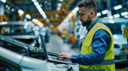 Automobile factory engineer in high visibility vest using laptop computer automotive industry,