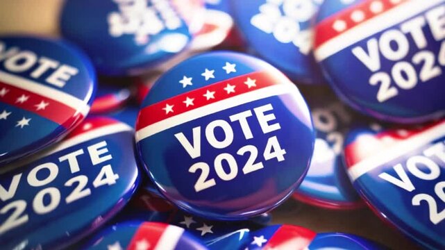 Stack of Blue 'Vote 2024' Buttons Featuring Red Stripe and White Stars