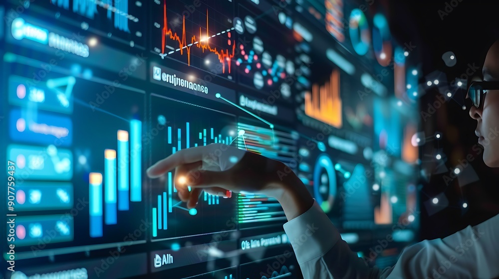 Poster close up of a hand interacting with a large screen displaying various charts and graphs. the image r