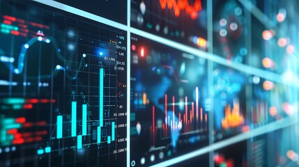 Close up shot of a digital screen displaying various data visualizations graphs and charts symbolizing data analysis and technological advancements.