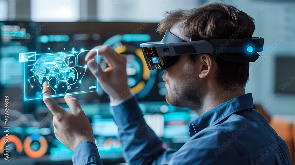 Poster man wears augmented reality glasses while interacting with a digital interface displays a world map 