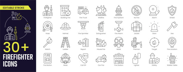 Firefighter Stroke icon collections. Containing gfireman, fire truck, Alarm, No Fire, hose, fire station, house fire, siren and fire hydrant. Stroke icon collection Outline icon