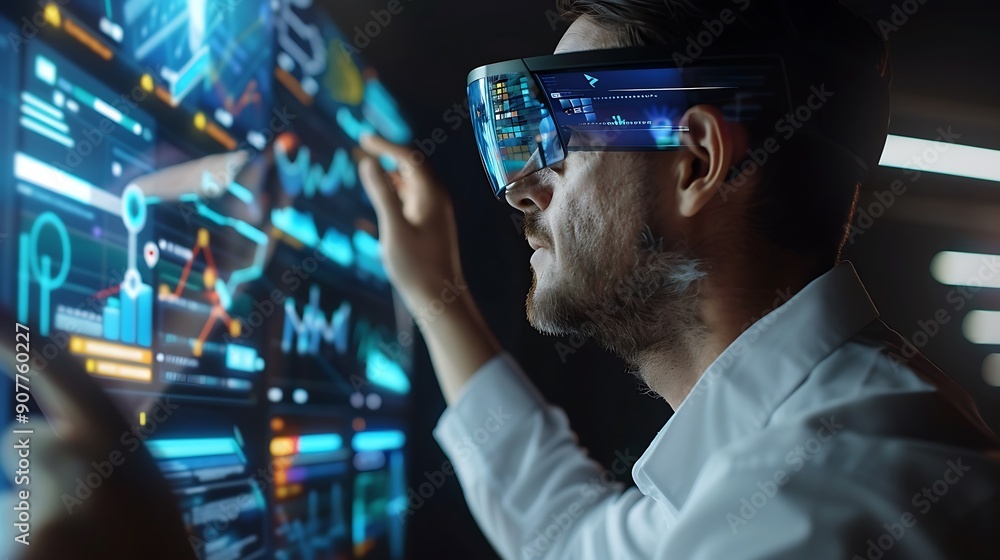 Poster man wearing augmented reality glasses interacts with a digital interface filled with data and graphi