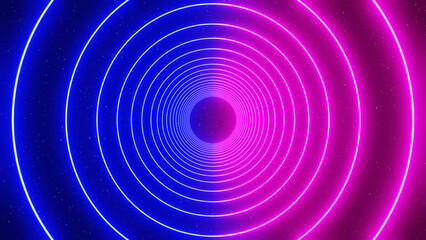 3d abstract illustration of neon glowing blue and pink circles round tunnel in dark black space isolated. Futuristic wireframe disco music VJ sci-fi template background. Technology bright colors