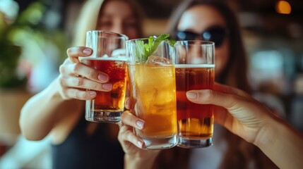 Group of colleagues celebrating a success in the office, toasting with drinks.