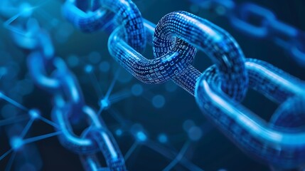 Close up of a digital chain representing blockchain technology with binary code and a blue background.