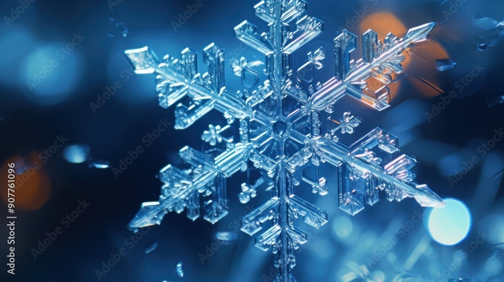 Poster a close-up macro photograph of a snowflake, revealing its intricate crystalline structure and hidden