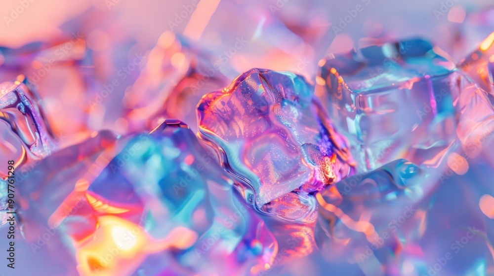 Poster a close-up shot of a cluster of ice cubes, their facets reflecting and refracting the light, creatin
