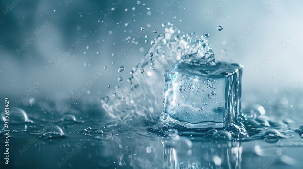Poster a close-up shot of an ice cube slowly carving a path through a pool of water, its edges dissolving i