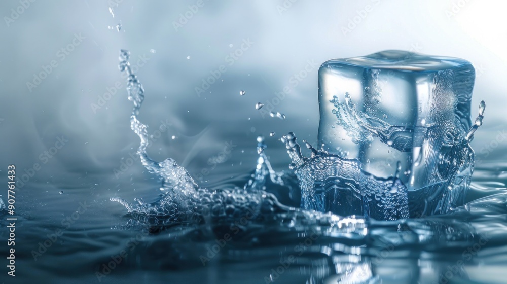Poster a close-up shot of an ice cube slowly carving a path through a pool of water, its edges dissolving i