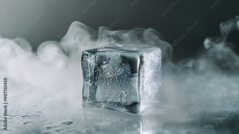 Aufkleber a close-up shot of an ice cube slowly carving a path through a pool of water, its edges dissolving i