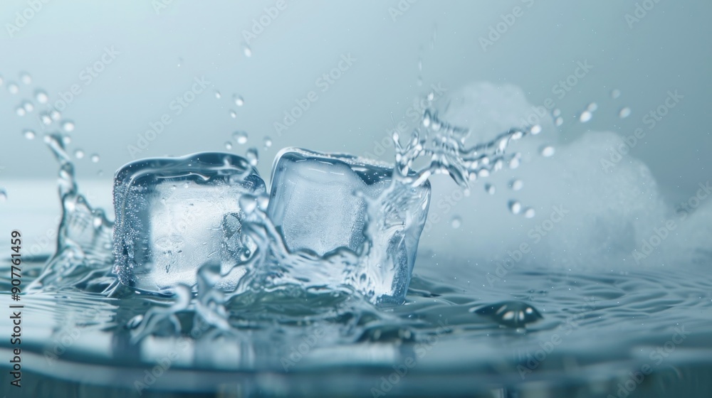 Poster a close-up shot of an ice cube slowly carving a path through a pool of water, its edges dissolving i