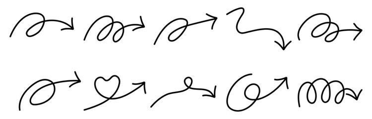 Arrows hand drawn style collection. Arrow doodle mark elements set. Vector isolated on white.