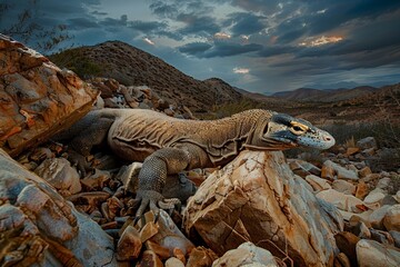 A photo of a Komodo dragon climbing over rocks in a mountainous area during the evening