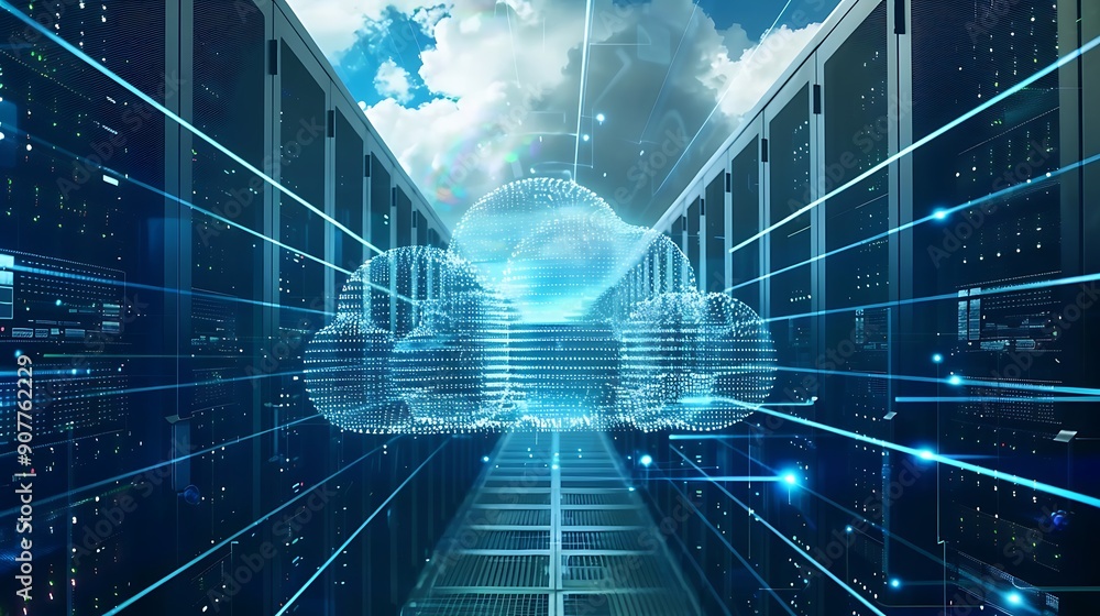 Poster server room with a cloud symbol in the center symbolizing cloud computing.
