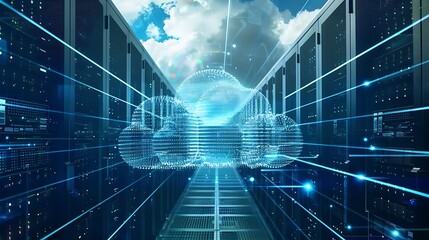 Server Room with a cloud symbol in the center symbolizing cloud computing.