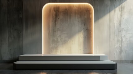 A white pedestal with a black base and a curved wall