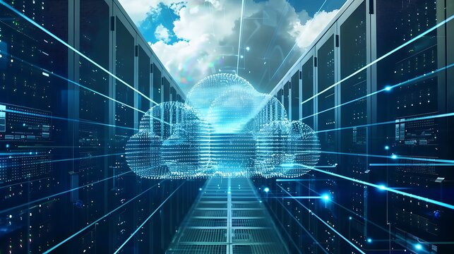 Server Room with a cloud symbol in the center symbolizing cloud computing.