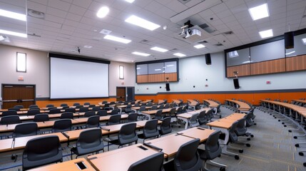 Empty Classroom with Projector and Screen.