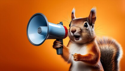 Fototapeta premium A cheerful squirrel holding a loudspeaker, ready to make an announcement