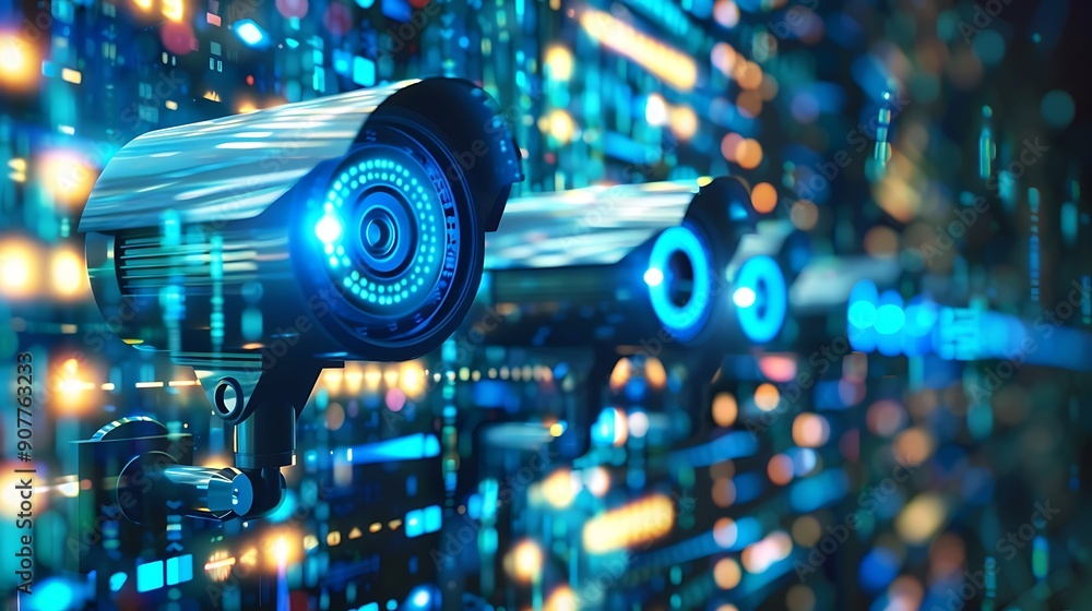 Poster close up of a surveillance camera in a digital world with a blurred background of data and code.
