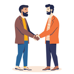 Fototapeta premium Two men shaking hands, greeting, business agreement, professional attire, friendly interaction. Adult male characters engaging handshake, positive gesture, cooperation, partnership. Beard casual