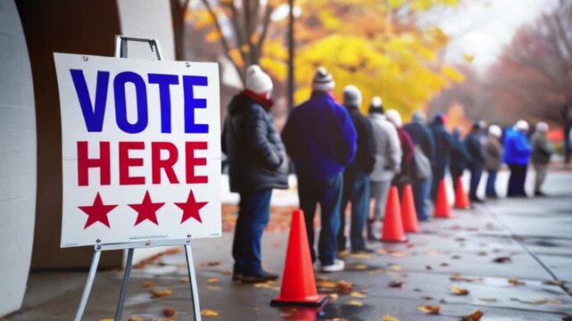 Voters in Fall Attire Queue with 'Vote Here' Sign and Autumn Foliage