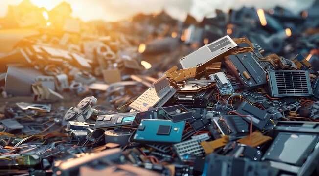 A large pile of discarded electronic components and gadgets, including circuit boards, smartphones, and various electronic parts, illuminated by a warm sunset glow.