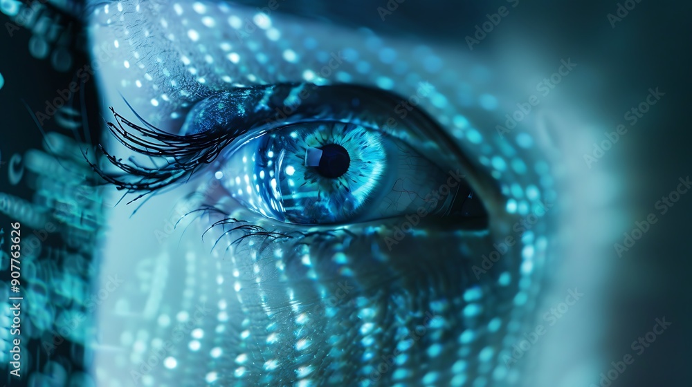 Poster close up of a blue eye with a digital pattern overlay creating a futuristic and mesmerizing visual.