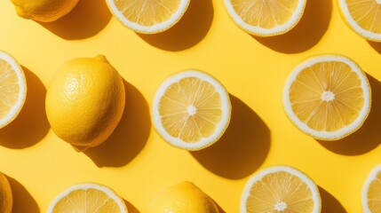 Whole orange and lemon slices Taken from above Create fun patterns on a bright background.