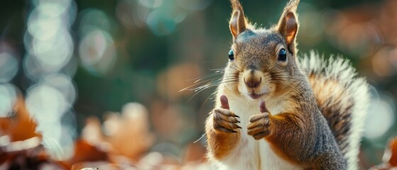 Adorable squirrel giving thumbs up, looking directly at the camera. Free copy space for text. © Dalibor