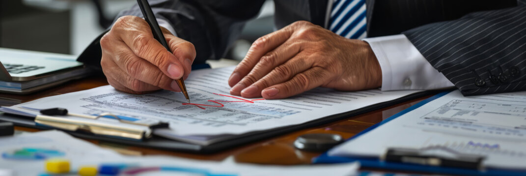 Close-up of a lawyer's hands, redlining a business contract, with financial charts and legal books nearby.