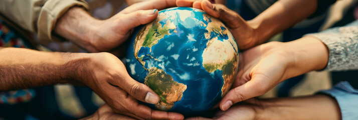 multiple hands from different ethnic backgrounds holding a globe, illustrating the unity in protecting our planet.