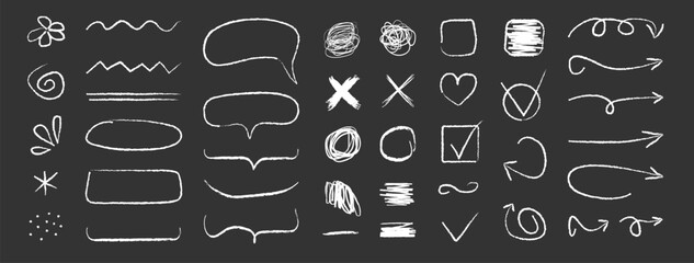 Set of line Arrows white chalk hand drawn. Grunge different elements, scribble in doodle style. Grunge abstract chalk, crayon pencil. Vector illustration on black background.