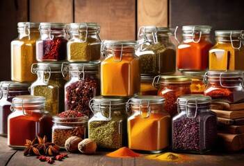 colorful transparent containers filled fragrant seasonings tags displaying various spices culinary use, aroma, herb, flavor, bottle, jar, kitchen, ingredient