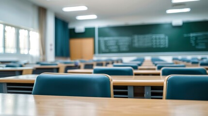 Empty Classroom Desk and Chairs.