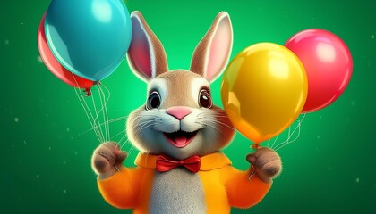 Obraz premium A happy rabbit holding colorful balloons on a bright green background