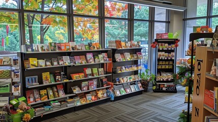 Fototapeta premium Bookshelf with Books and Window View.
